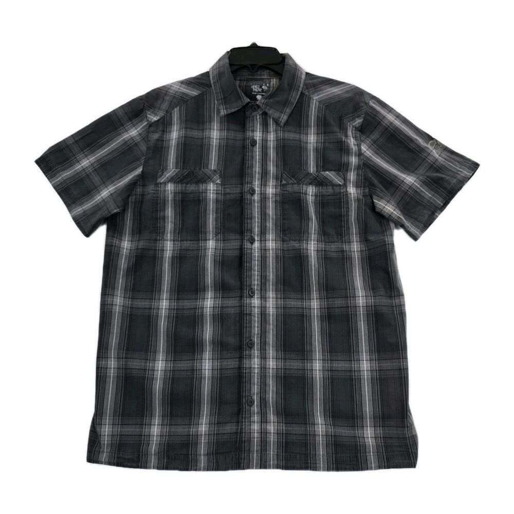 Mountain Hardwear Shirt Mens M Gray Black Plaid Short Sleeve Button Up Outdoor